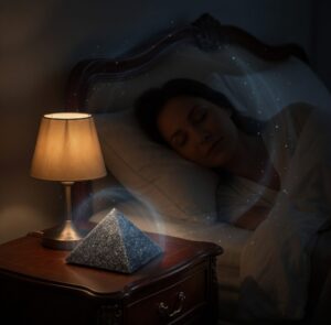 mujer durmiendo plazidamente con una pirámide de orgonita en su mesita de noche. la orgonita emana un orgon saludable que envuelve a la mujer.